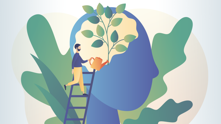Cartoon man using watering can on plant inside head