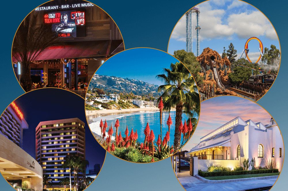 Collage of five circles with images of popular Southern California destinations