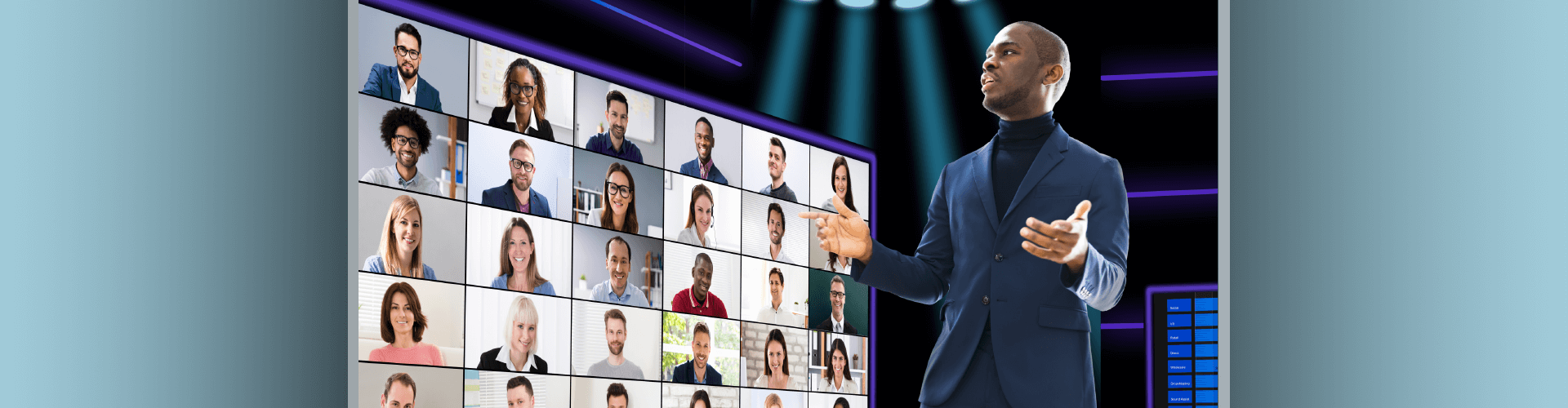 Man onstage speaking to online audience