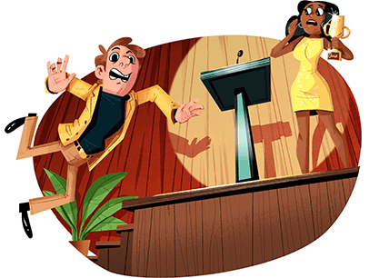Illustration of man tripping and falling going up to stage